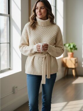 Irish Fisherman Knit Turtleneck Sweater - Cream